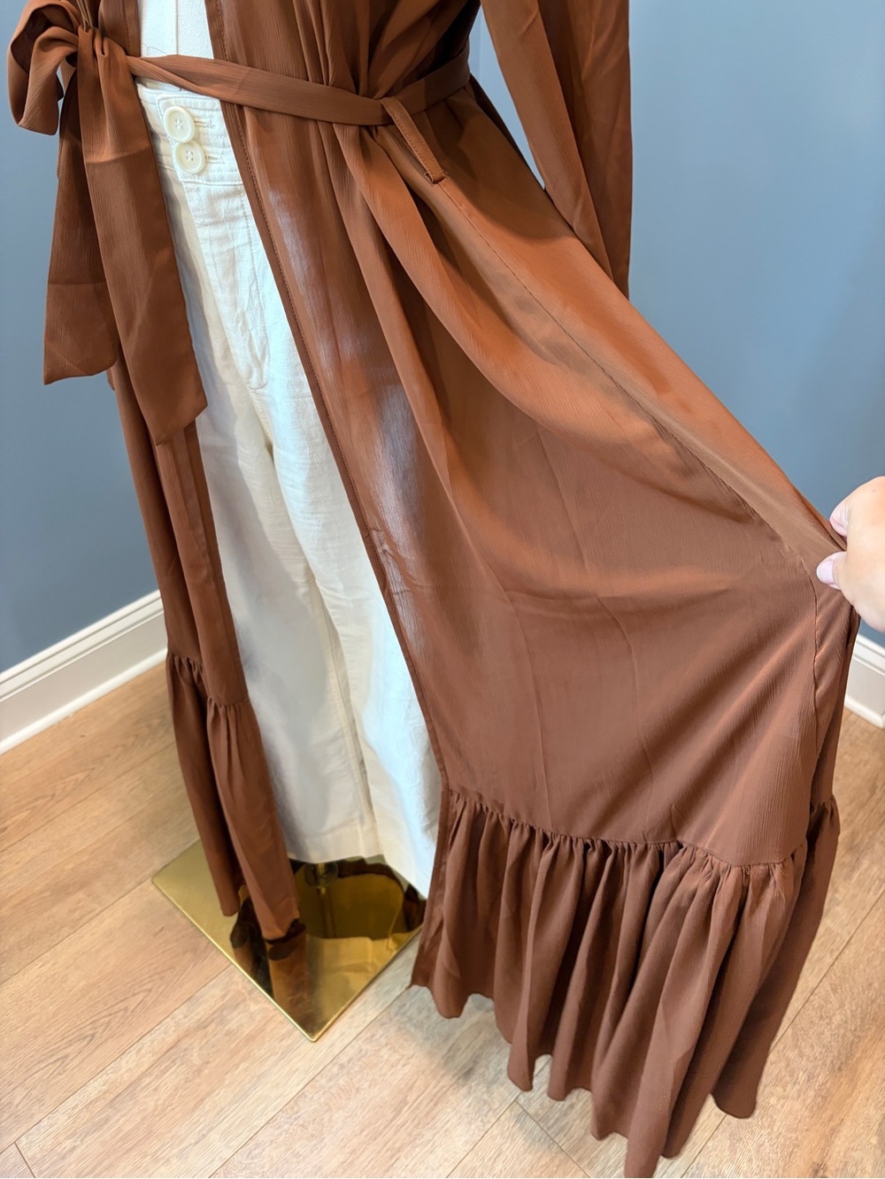 Kabayare Brown Long Duster Kimono Cardigan Ruffle Hem Tie Waist One Size Maxi - Picture 4 of 9